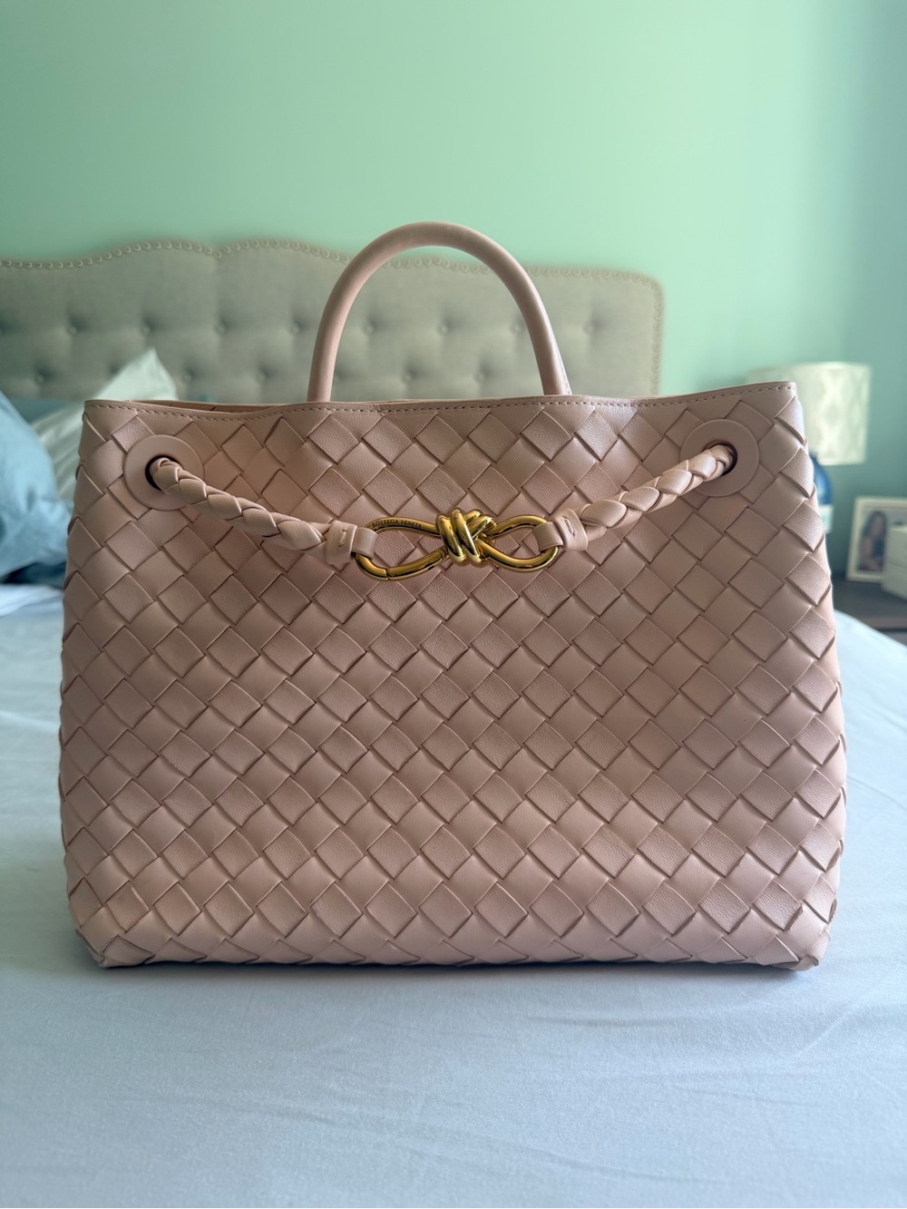 Bottega Veneta Pink Intrecciato Leather Tote with Gold Hardware